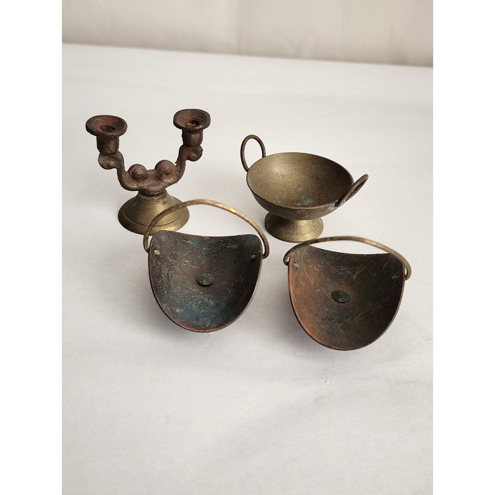 Vintage Brass Dollhouse Miniatures Set Candelabra Coal Scuttles Pedestal Bowl